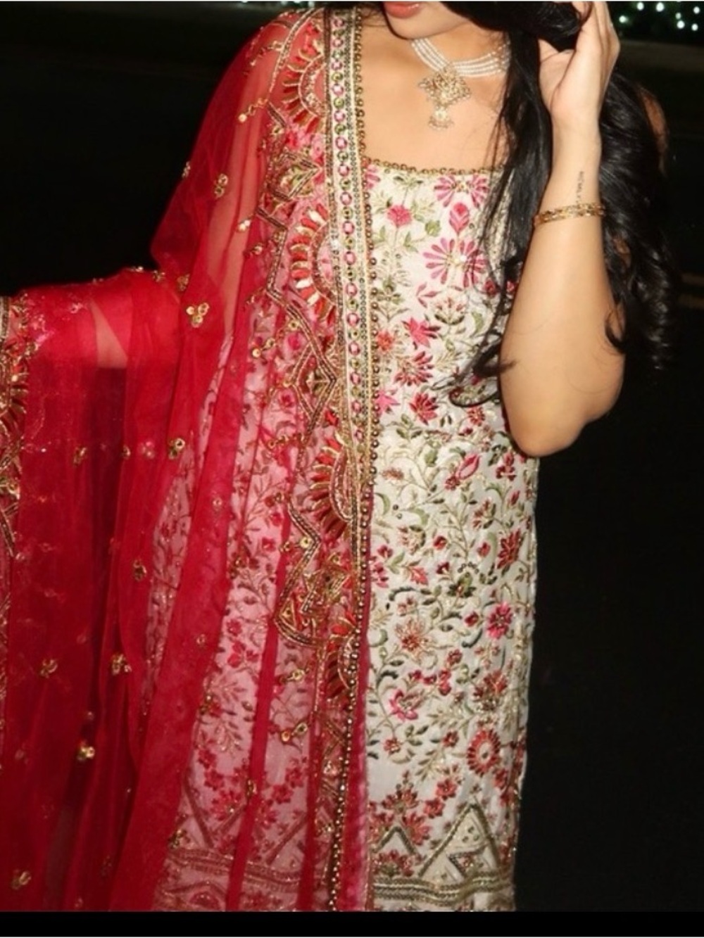 Red Floral Embroidered Women Salwar with Matching Dupatta
